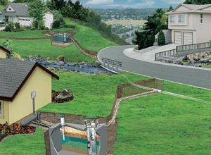 Illustrated installation overlay on photograph of multiple properties